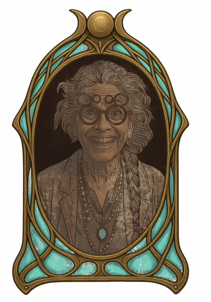 Illustration d’Olympe, archéologue d’âge mûr dans un cadre victorien steampunk – personnage des Lettres Minocha