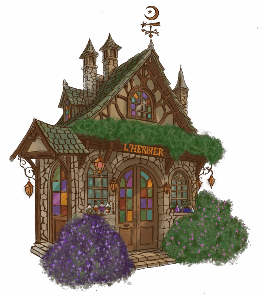 Illustration du cottage l’Herbier d’Athéna, petite maison en pierre entourée de fleurs, vitraux colorés et atmosphère magique