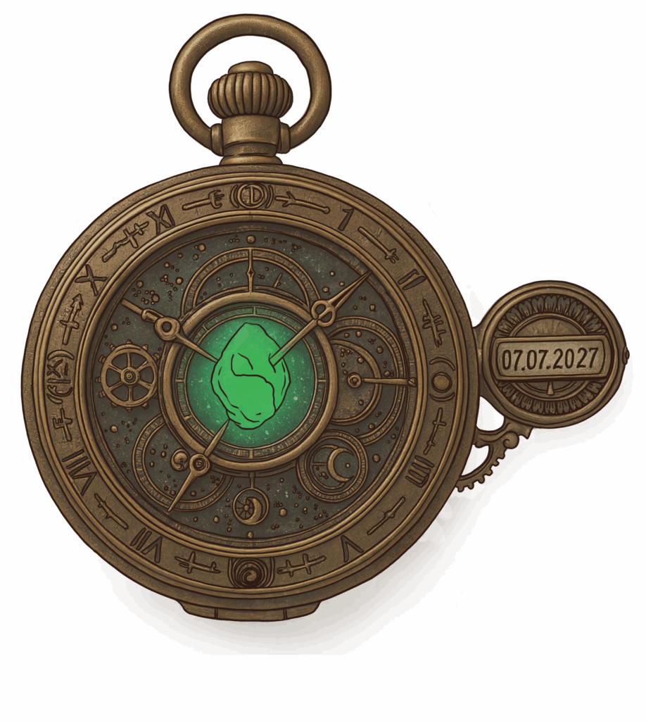 Illustration d’une montre à gousset steampunk servant de machine temporelle, avec le cristal vert d’orichalque au centre