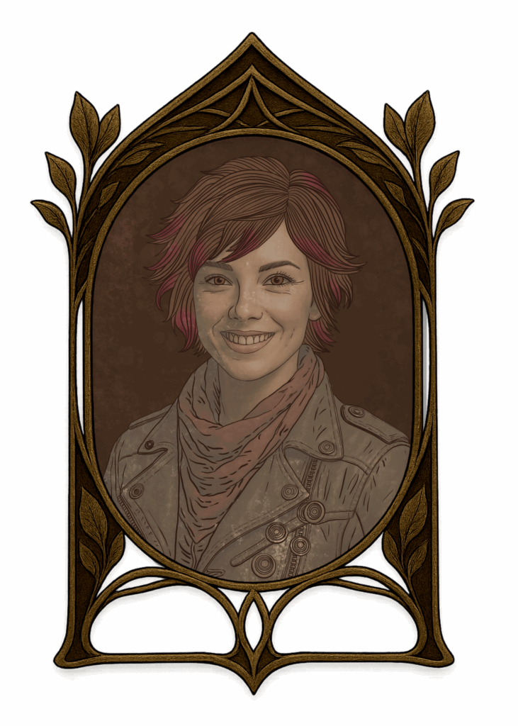 Illustration de Bonnie, jeune femme de 23 ans au regard malicieux, coupe au carré multicolore et veste en cuir dans un cadre steampunk – Les Lettres Minocha
