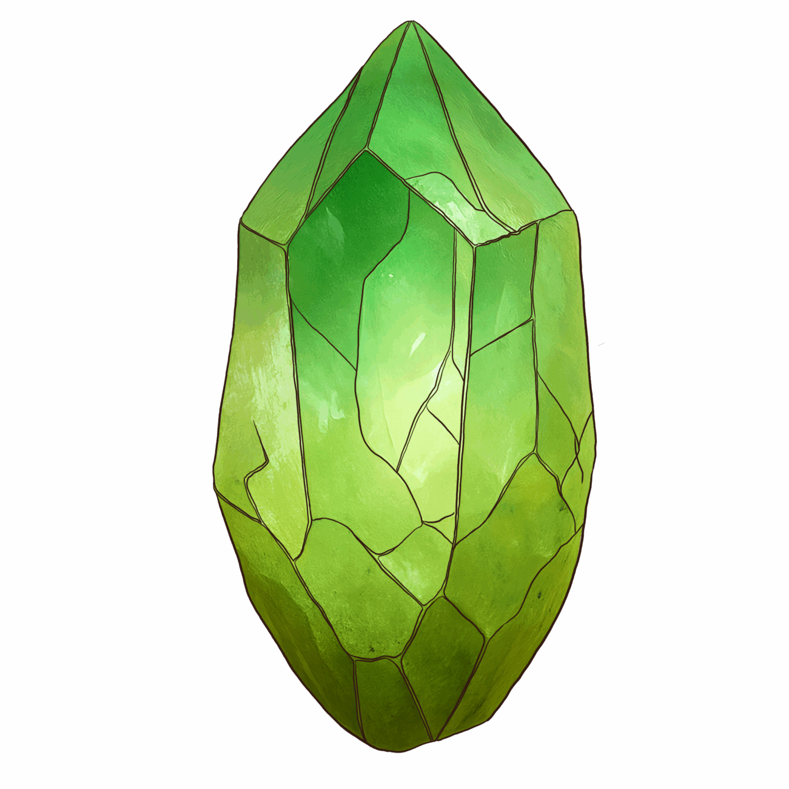 Illustration du cristal d’orichalque vert, artefact lumineux appartenant à Perséphone – univers steampunk des Lettres Minocha