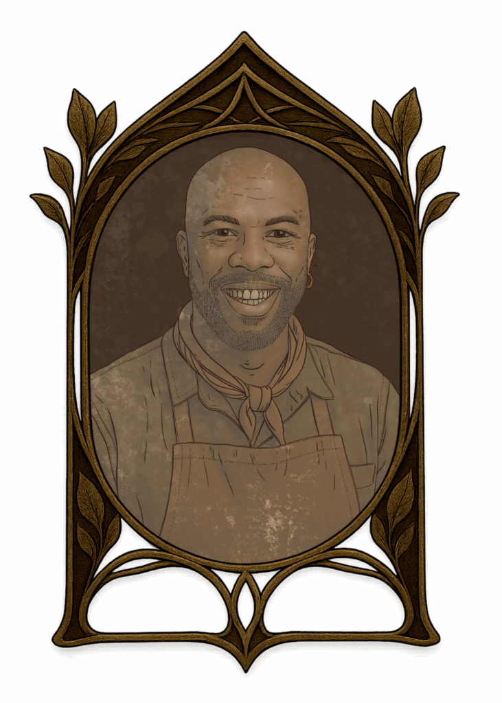 Illustration de Jones, grand homme noir au crâne rasé, cuisinier de l’Aphrodite, au sourire chaleureux – style steampunk