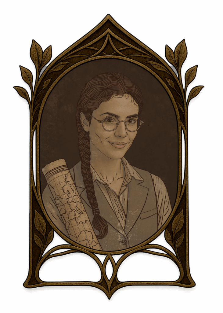 Illustration de Lulu, jeune cartographe à longue tresse, tenant une carte ancienne, lunettes sur le nez – style victorien steampunk