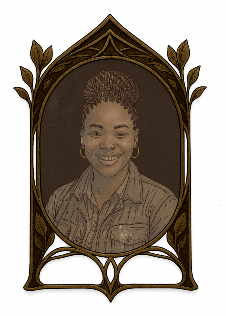 Illustration de Mary Jane, femme noire souriante au regard rêveur, experte en cartographie dans l’univers steampunk des Lettres Minocha
