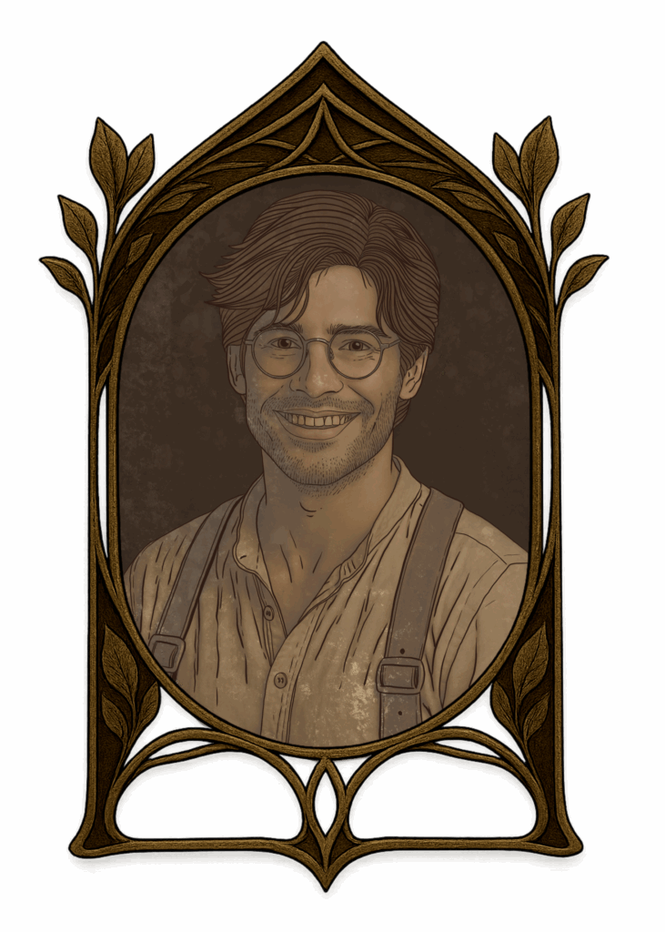 Illustration d’Octave, jeune homme de 27 ans au sourire chaleureux, en chemise de lin et bretelles, style steampunk vintage – Les Lettres Minocha
