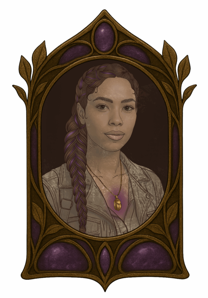 Illustration d’Athéna Minocha, naturaliste métisse aux cheveux violet
