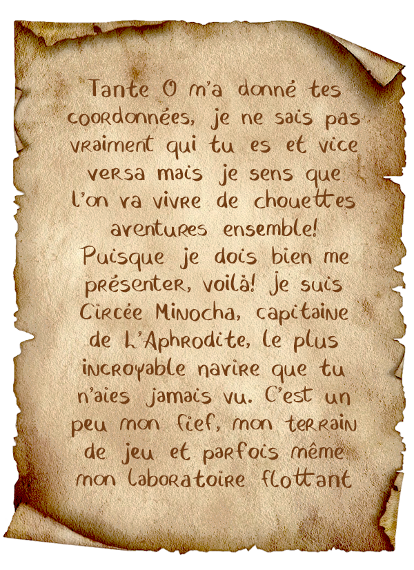 Illustration d’un parchemin griffonné par Circée, calligraphie vive, irrégulière et audacieuse – Lettres Minocha