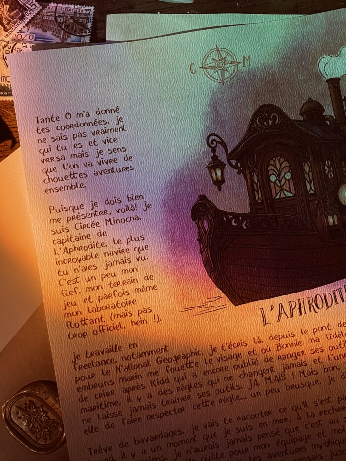 Photo de la lettre zéro de Circée avec enveloppe vintage et illustrations steampunk – Minocha Letters