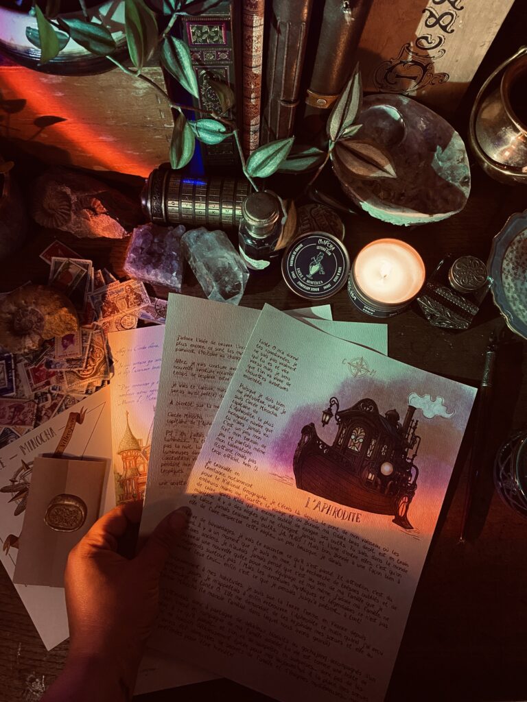 Photo de la lettre zéro de Circée avec enveloppe vintage et illustrations steampunk – Minocha Letters