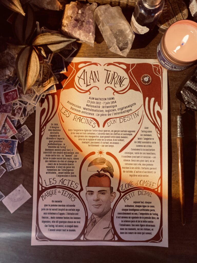 Photo d’un poster vintage et steampunk représentant Alan Turing, ambiance sombre et lumineuse – Minocha Letters