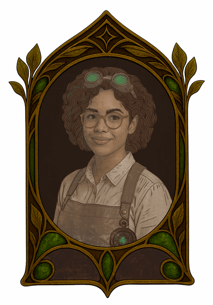 Illustration de Perséphone Minocha, scientifique au style steampunk, cheveux bouclés, lunettes rondes et machine temporelle.