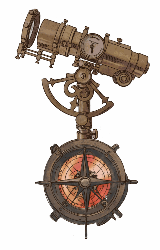 Illustration du sextant magique de Circée, appareil de navigation steampunk illuminé d’une lumière orangée