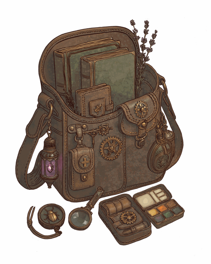 Illustration du sac besace d’Athéna, sac en cuir vintage rempli d’objets botaniques, carnets, fioles et instruments