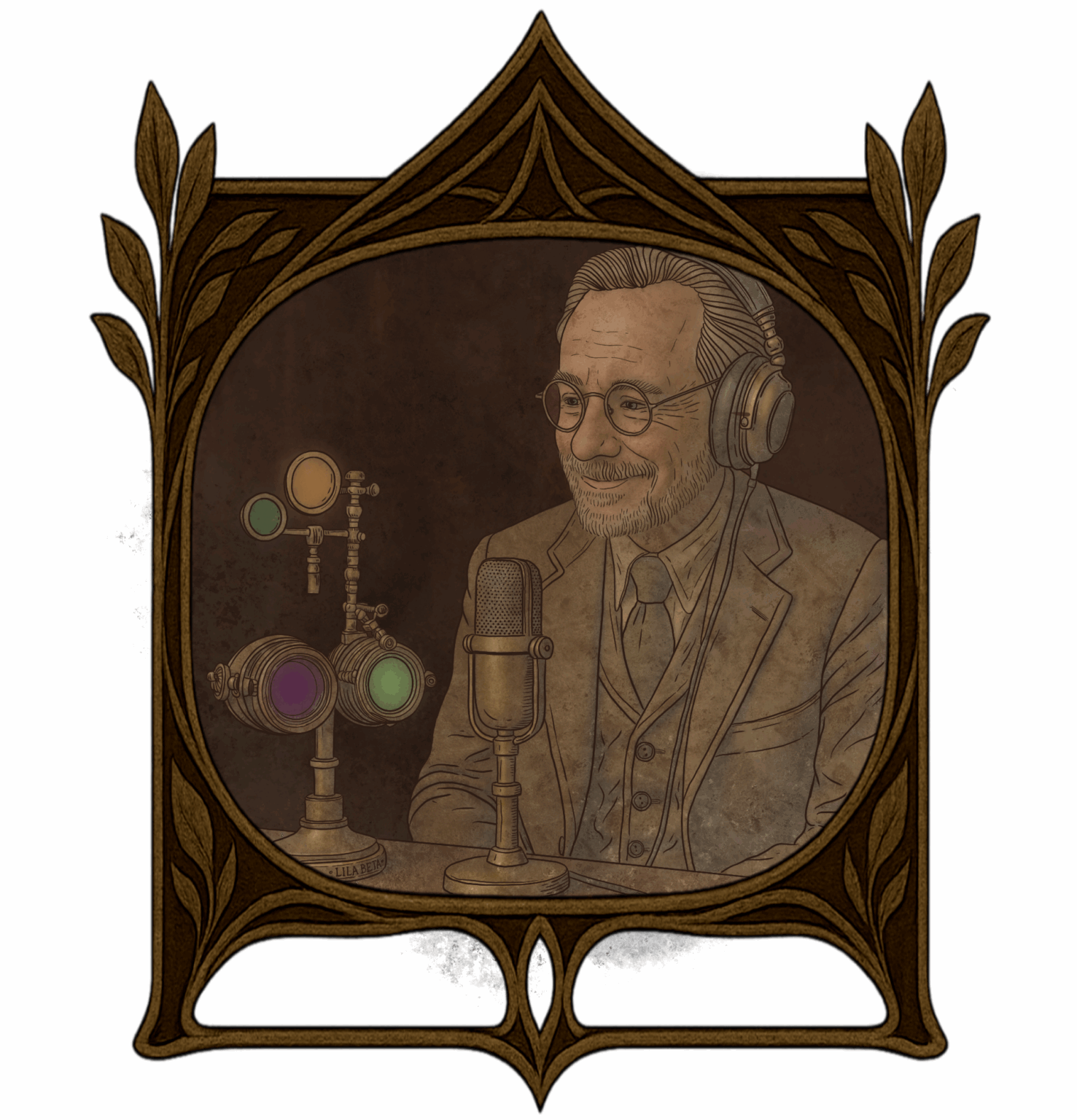 Illustration de Lila (représentée par des binocles steampunk) et Eugène dans un laboratoire chaleureux, en pleine session d’enregistrement du podcast des Lettres Minocha