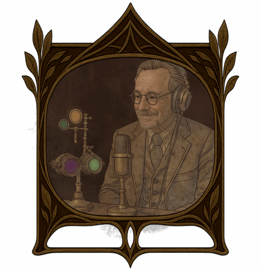 Illustration de Lila (représentée par des binocles steampunk) et Eugène dans un laboratoire chaleureux, en pleine session d’enregistrement du podcast des Lettres Minocha