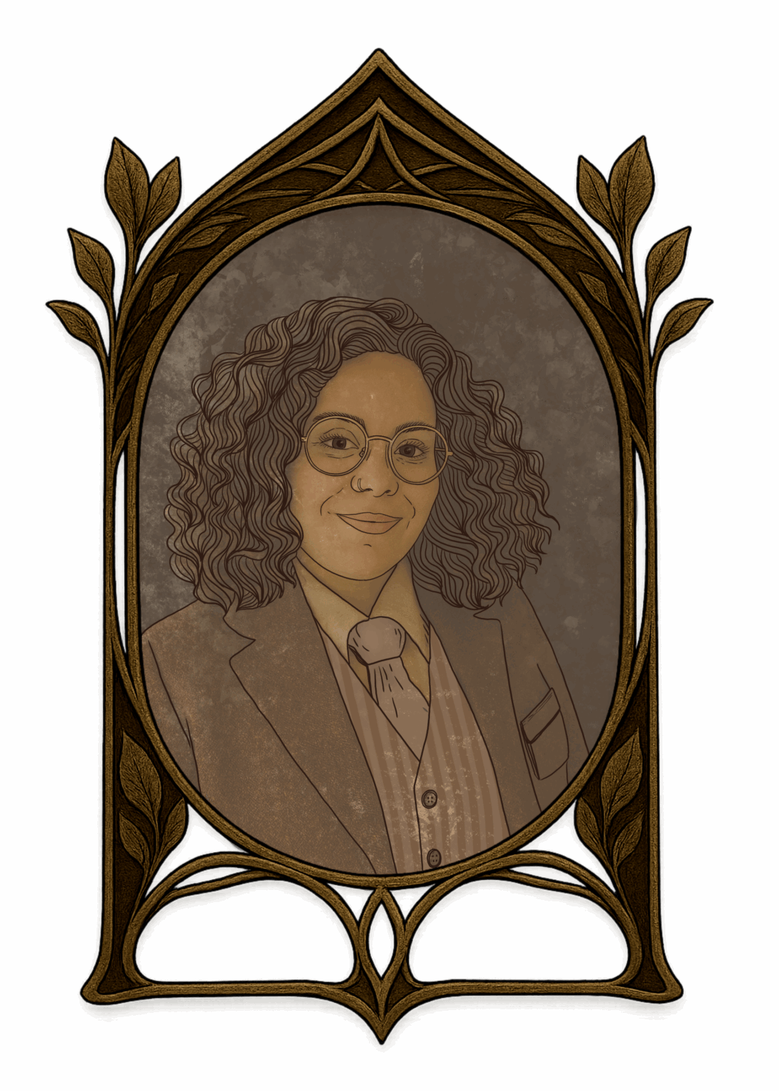Illustration de Jia Varier, femme aux cheveux bouclés et lunettes rondes, vêtue d’un costume vintage dans un cadre steampunk – créatrice de l’univers Minocha