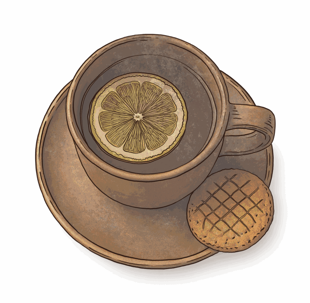 Illustration d’une tasse de thé chai avec rondelle de citron et biscuit au gochujang – boisson favorite de Circée Minocha