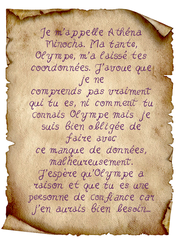 Illustration d’un parchemin écrit par Athéna, calligraphie élégante, régulière et précise – style posé et scientifique