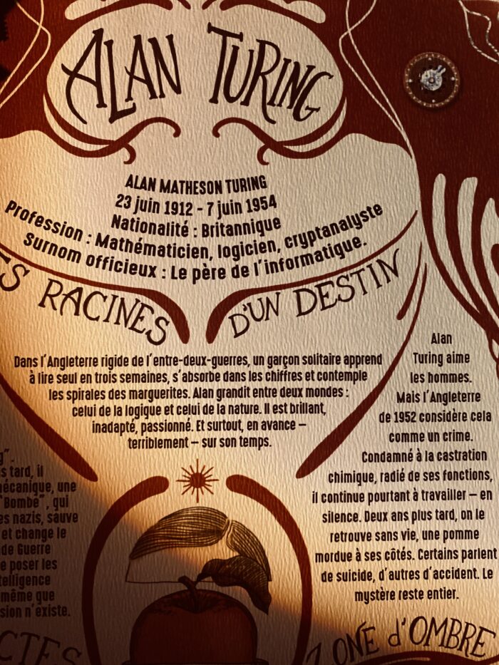 Zoom sur le poster steampunk d’Alan Turing, montrant détails et textures vintage – Minocha Letters