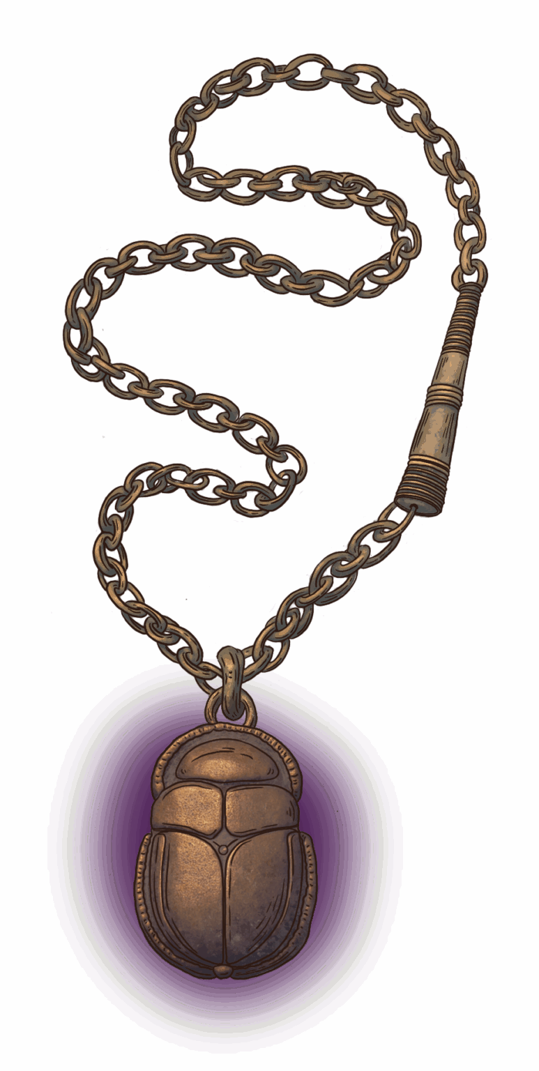 Illustration du collier d’Athéna, pendentif en forme de scarabée magique, artefact naturel des Lettres Minocha