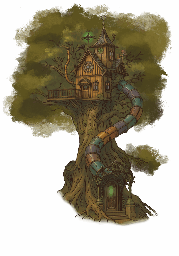 Illustration de la cabane de Perséphone, construction rétrofuturiste steampunk perchée dans un chêne, avec toboggan en vitrail
